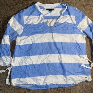 Tommy Hilfiger Blue White Stripe Cotton Tunic Blouse Relaxed Fit Womens Large